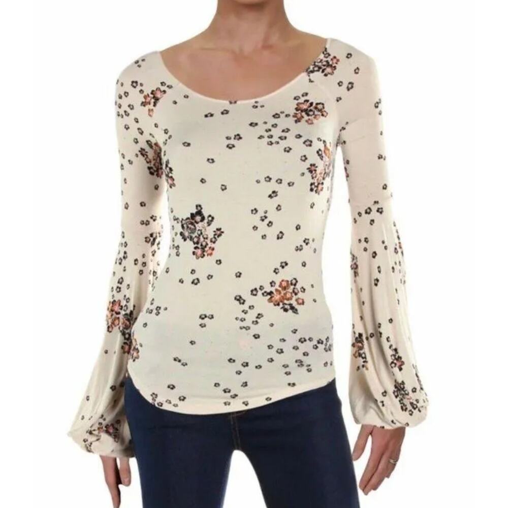 NEW Free People Floral Balloon Sleeve Jersey Knit Top M Coquette Forest Fairy